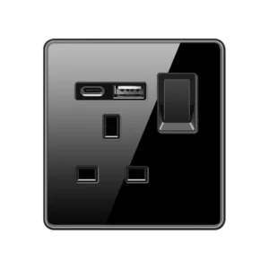 British Standard Socket with USB and Black Tempered Glass Panel