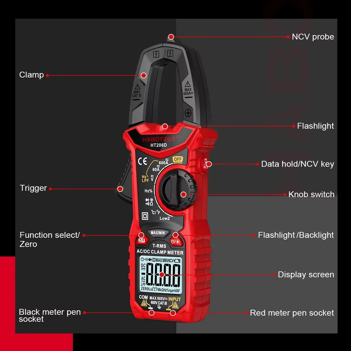 Digital Clamp Meter 600A AC/DC Multimeter Voltage Tester