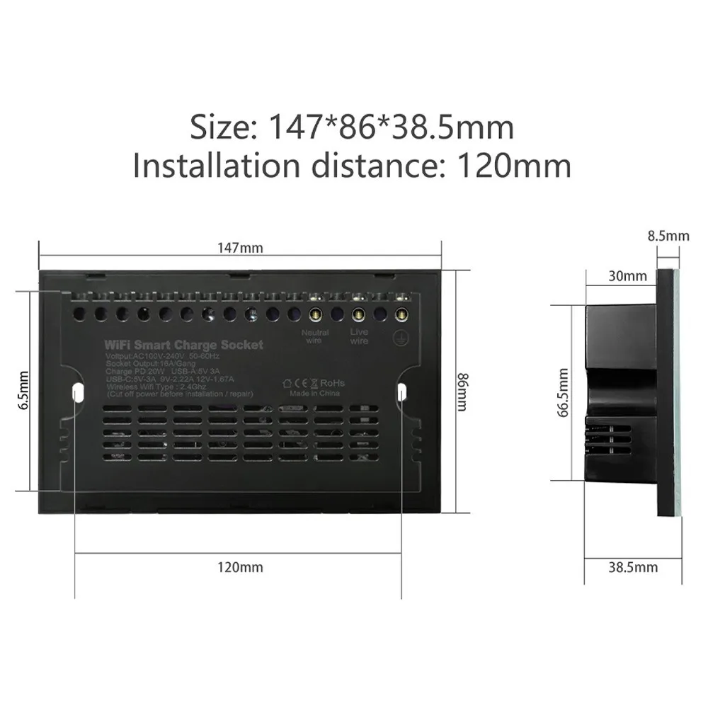 Smart Socket Glass Panel UK Wall Socket with USB PD 20W