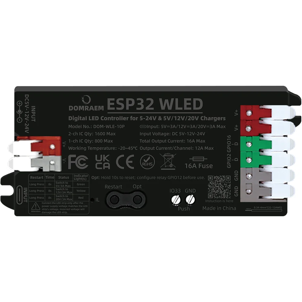 DOMRAEM ESP32 Digital WLED Controller for WS281X SK6812 RGBIC LED Strips
