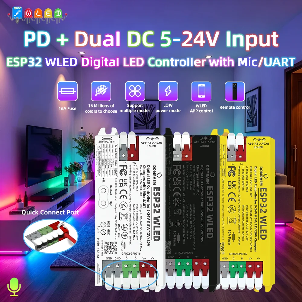 DOMRAEM ESP32 Digital WLED Controller for WS281X SK6812 RGBIC LED Strips