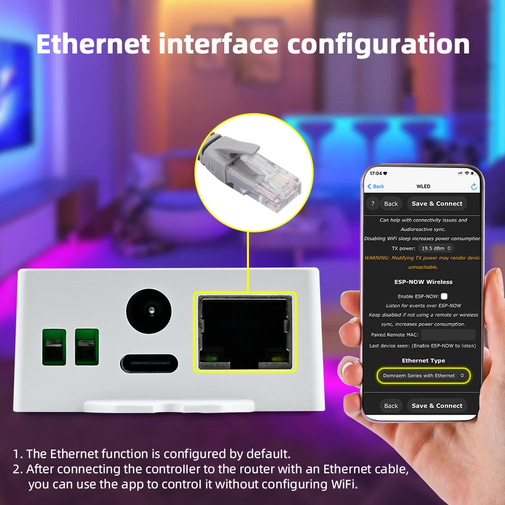 DOMRAEM DOM-ETH-815DM ESP32 Ethernet WiFi WLED LED Controller