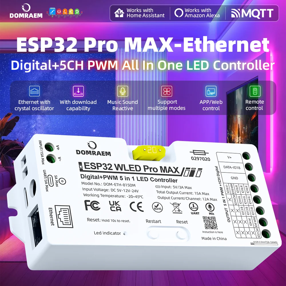 DOMRAEM DOM-ETH-815DM ESP32 Ethernet WiFi WLED LED Controller