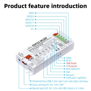 ESP32 WLED Controller Sound Reactive 4-Output 16A DC 5-24V