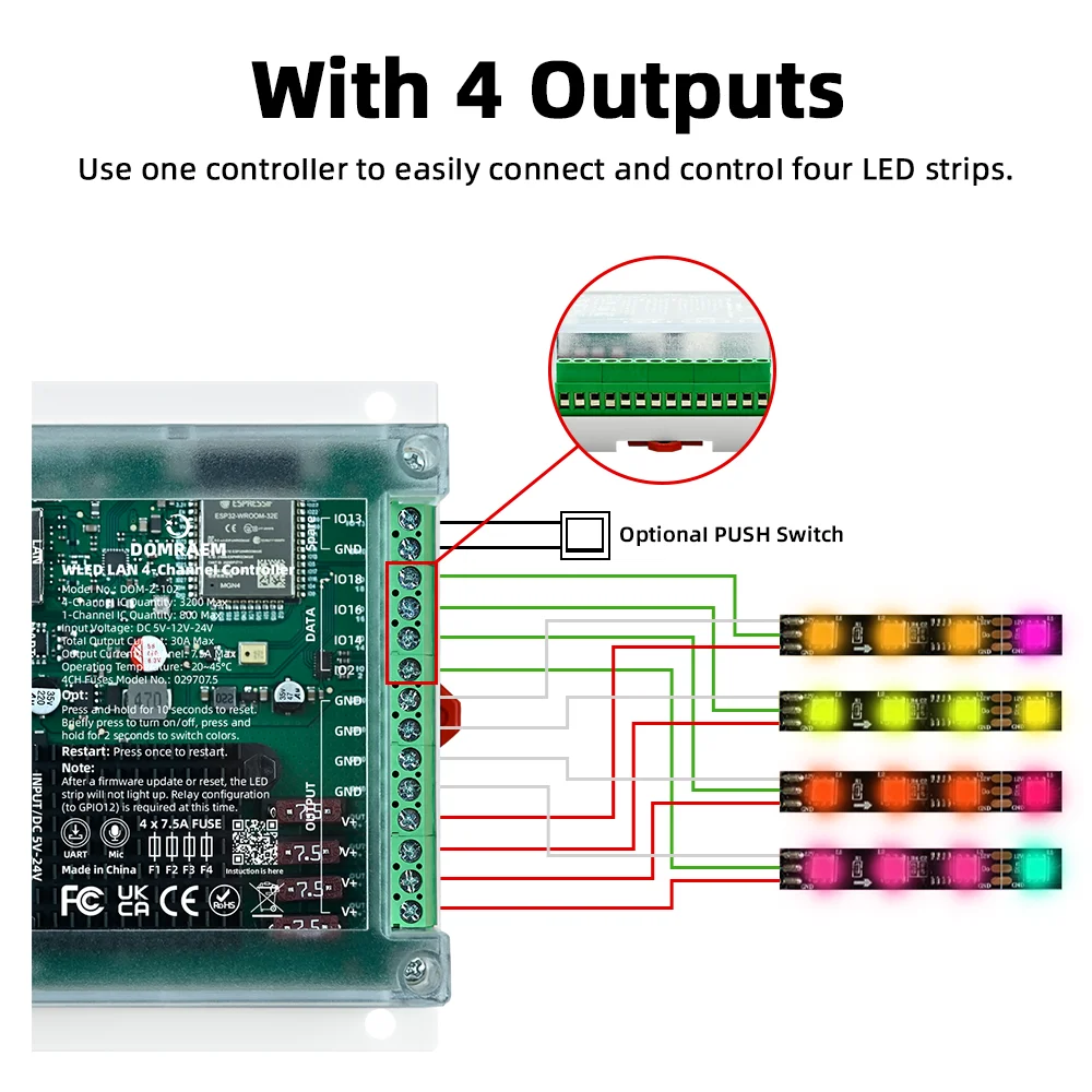 DOMRAEM 4-Channel ESP32 Ethernet WLED DIN Rail Controller