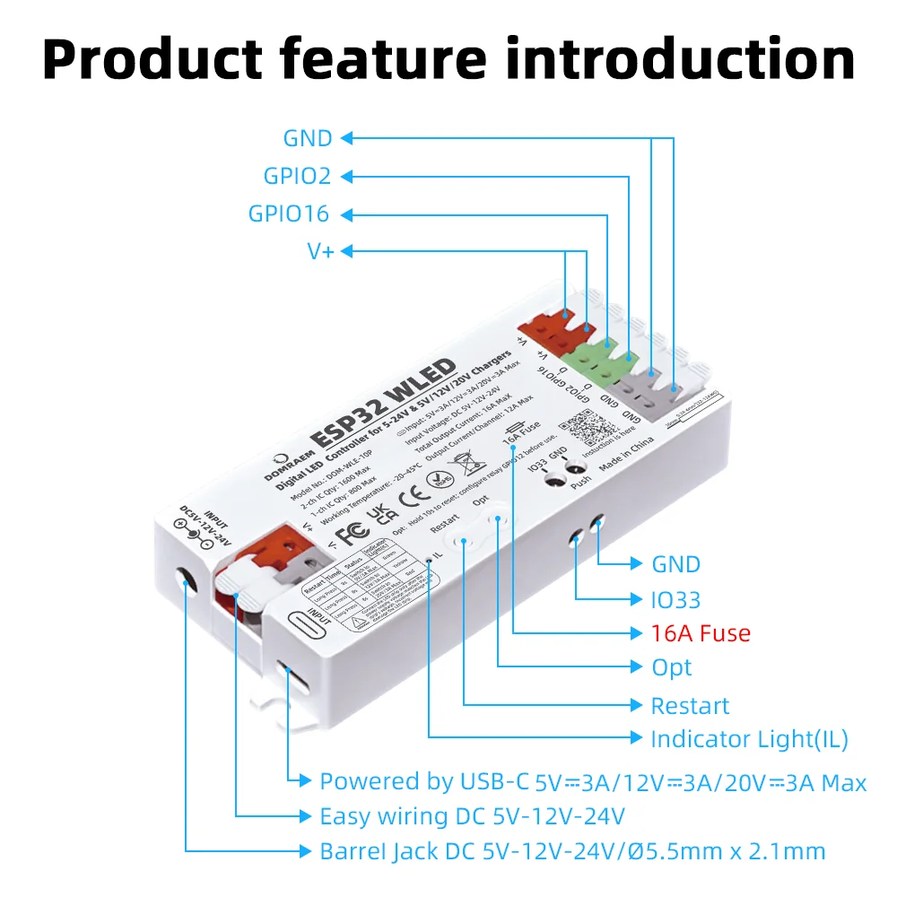 DOMRAEM DOM-WLE-10P ESP32 WLED LED Strip Controller