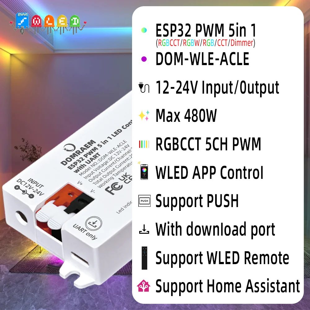 DOMRAEM ESP32 WLED 5-in-1 LED Strip Controller with UART