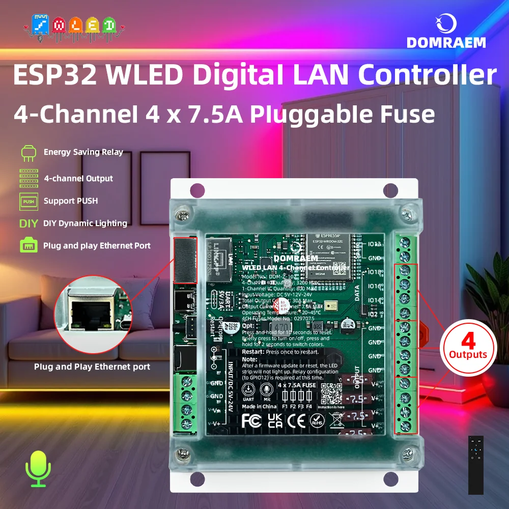 DOMRAEM 4-Channel ESP32 Ethernet WLED DIN Rail Controller