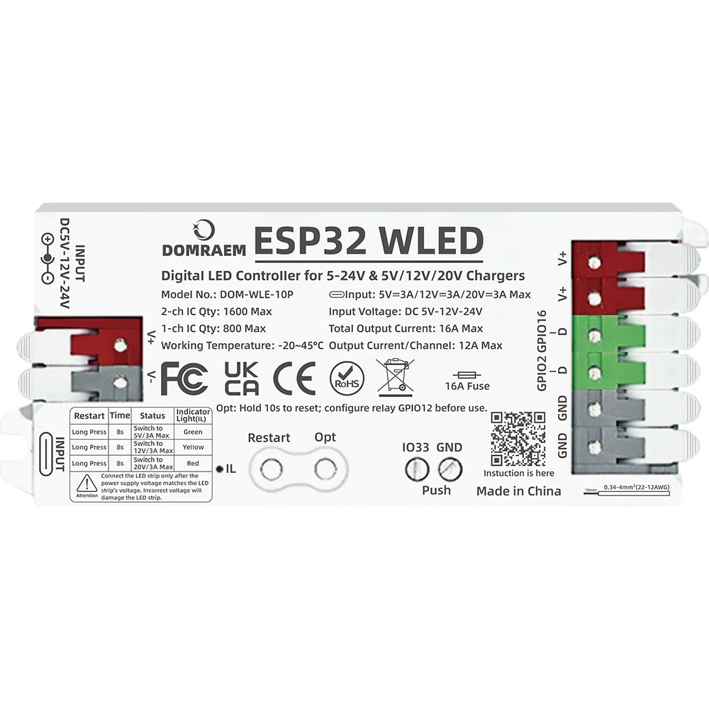 DOMRAEM ESP32 Digital WLED Controller for WS281X SK6812 RGBIC LED Strips