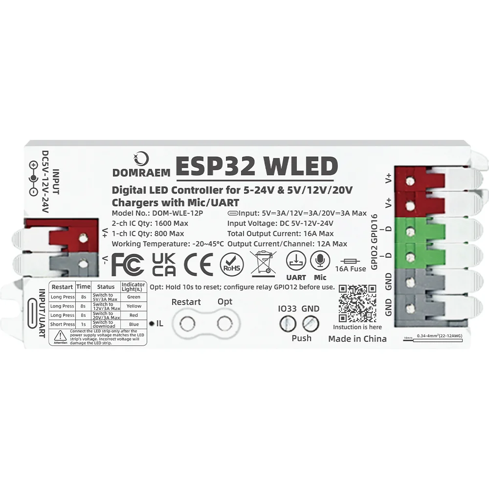DOMRAEM ESP32 Digital WLED Controller for WS281X SK6812 RGBIC LED Strips