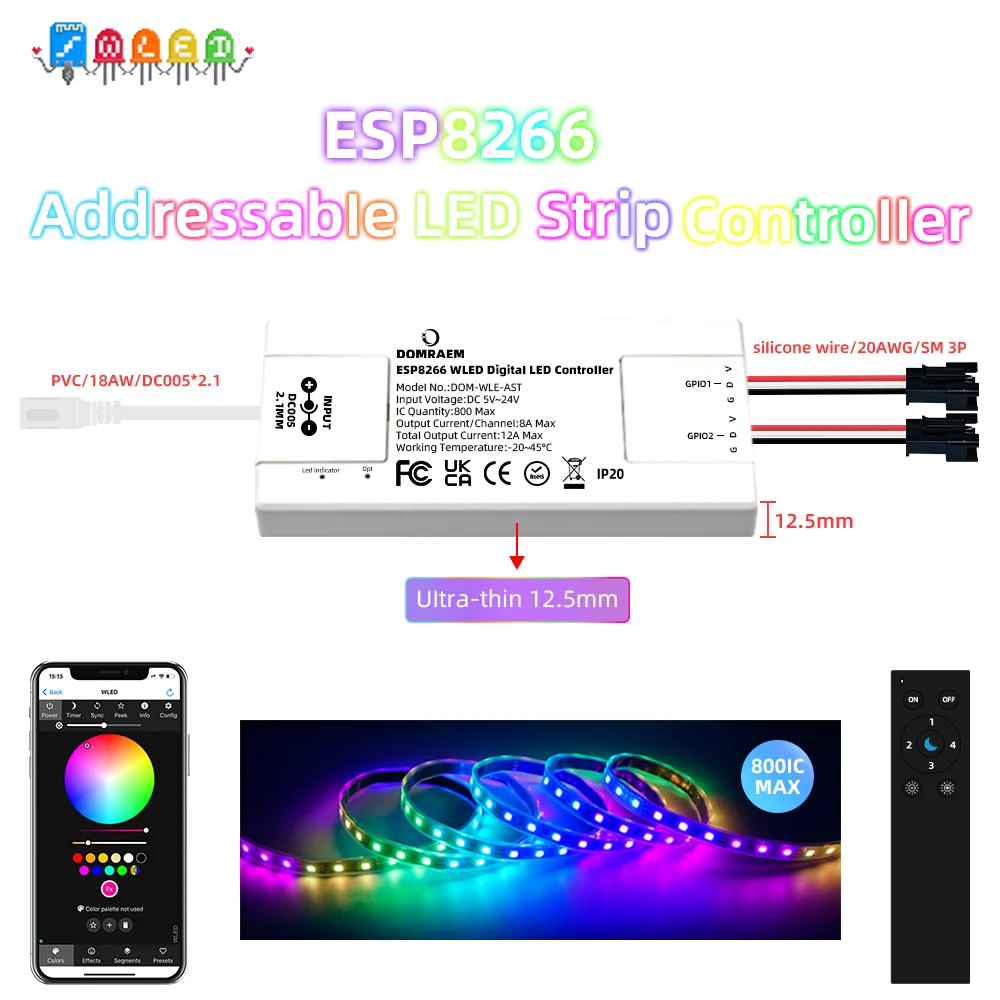 ESP8266 WLED LED Strip Controller Ultra-Thin 2CH 12A