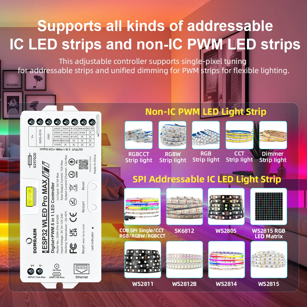 DOMRAEM DOM-ETH-815DM ESP32 Ethernet WiFi WLED LED Controller
