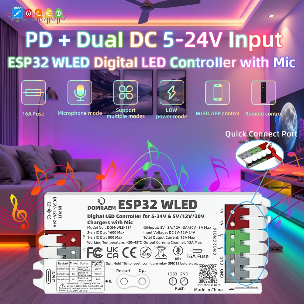 DOM-WLE-11P ESP32 WLED Digital LED Controller with Microphone