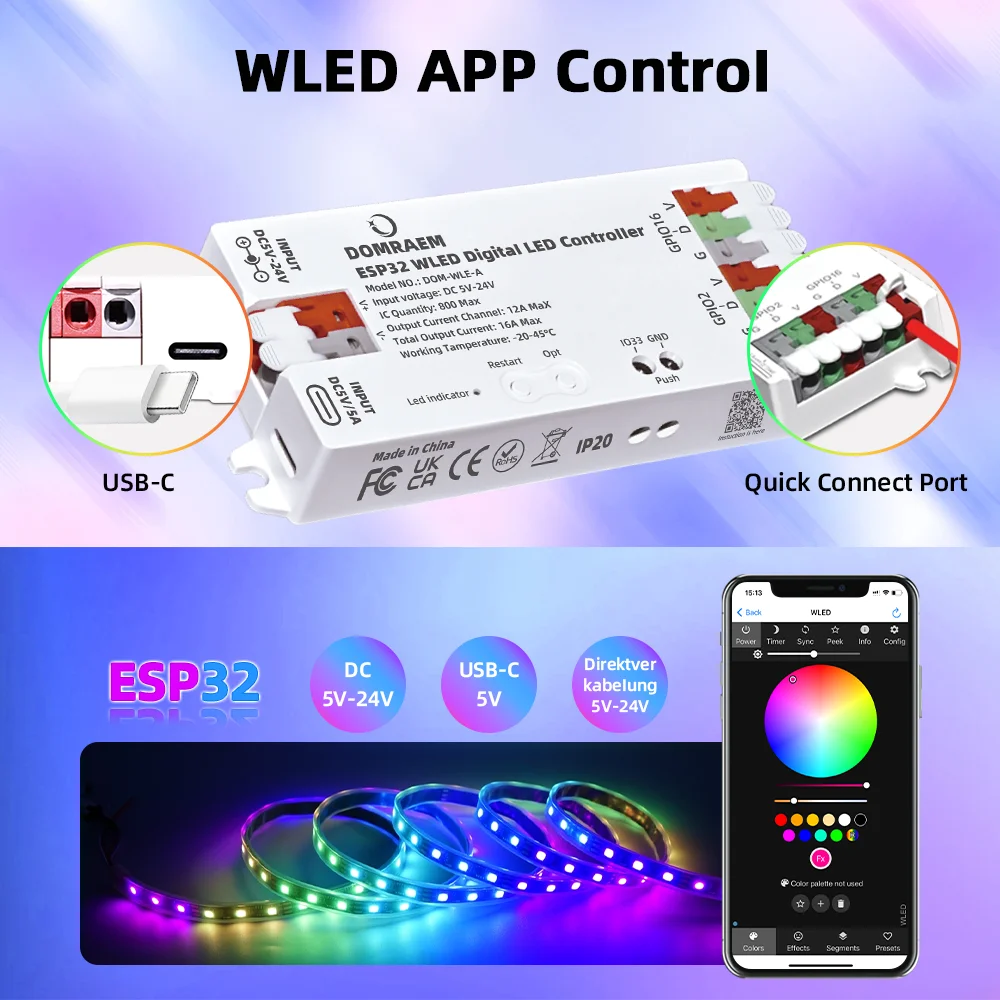 DOMRAEM WLED Controller for Addressable RGB Digital LED Strips