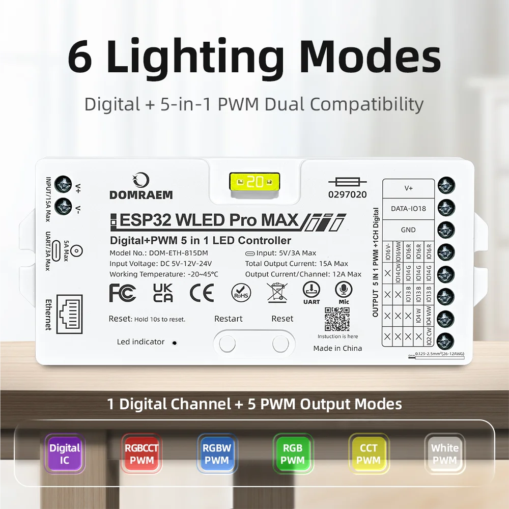 DOMRAEM DOM-ETH-815DM ESP32 Ethernet WiFi WLED LED Controller