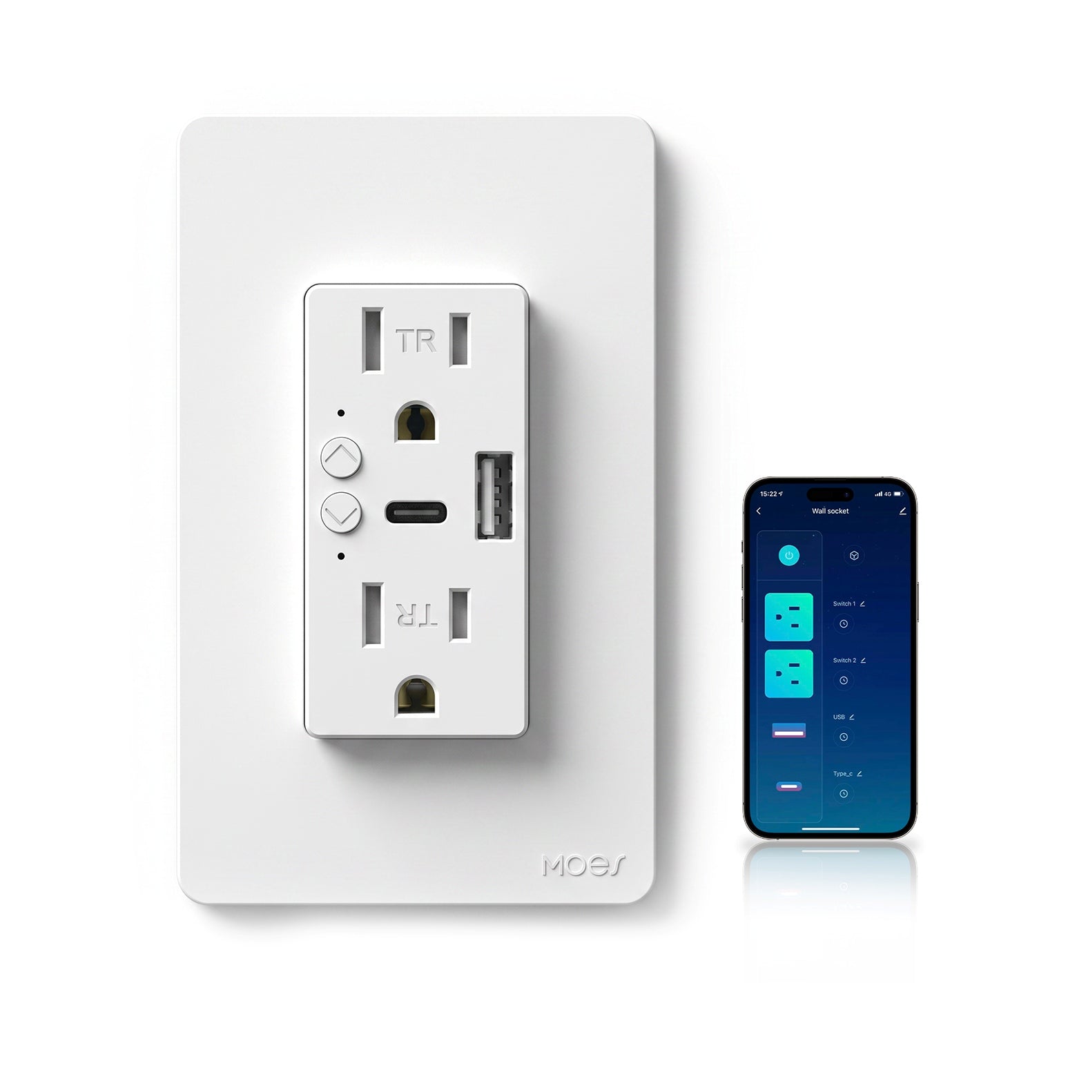 MOES Smart WiFi In-Wall USB Outlet 15A with Type-C and Type-A