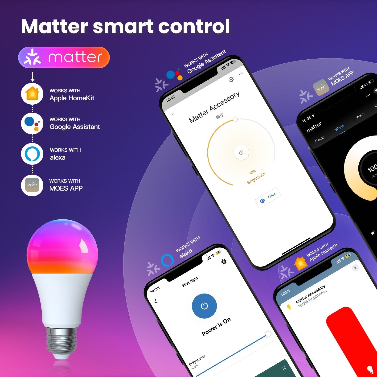 MOES Tuya Matter WiFi Smart LED E27 Dimmable RGB Light Bulb