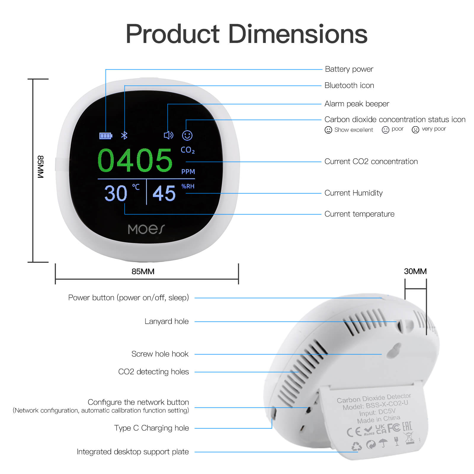 MOES BLE Smart Carbon Dioxide Temperature and Humidity Monitor