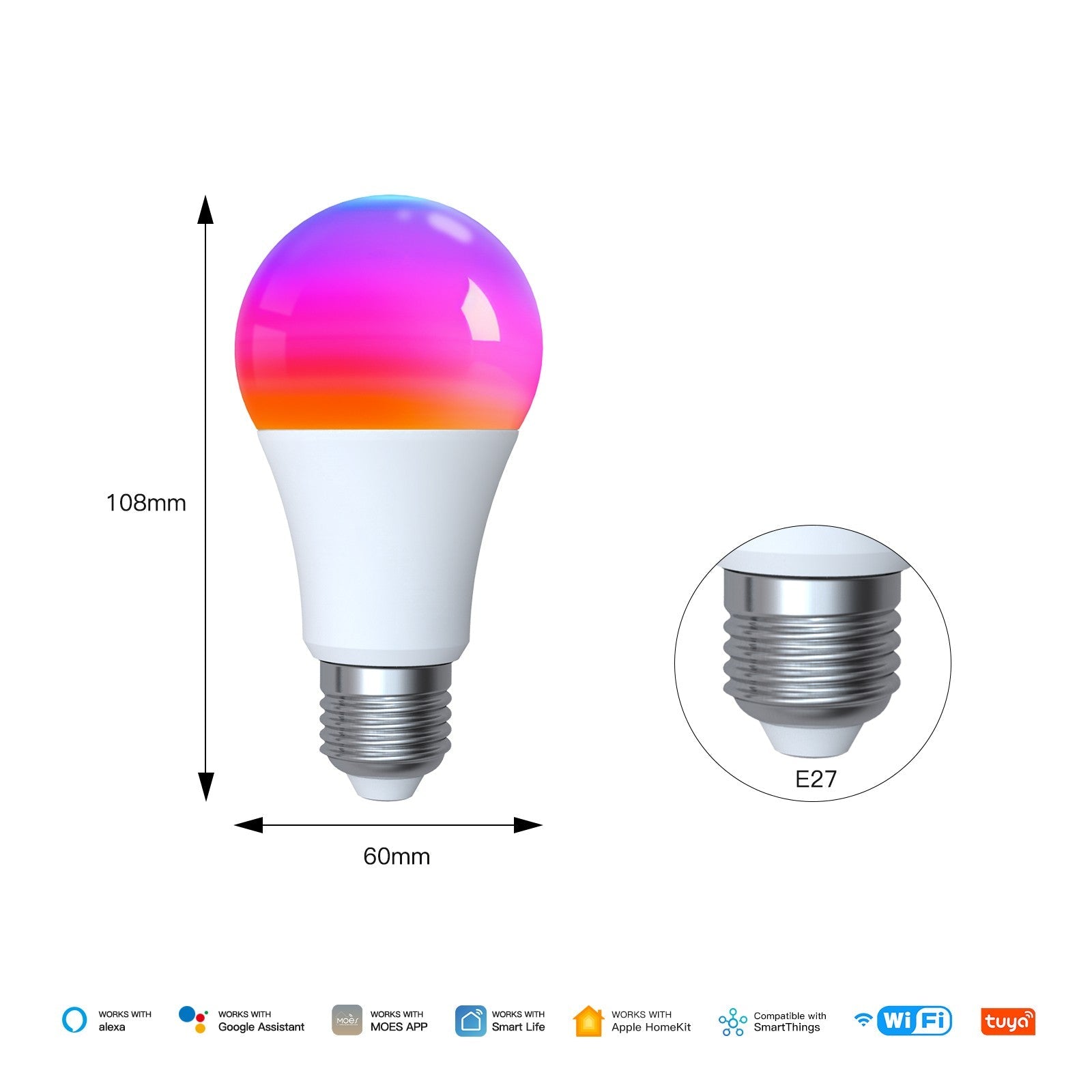 MOES Tuya Matter WiFi Smart LED E27 Dimmable RGB Light Bulb