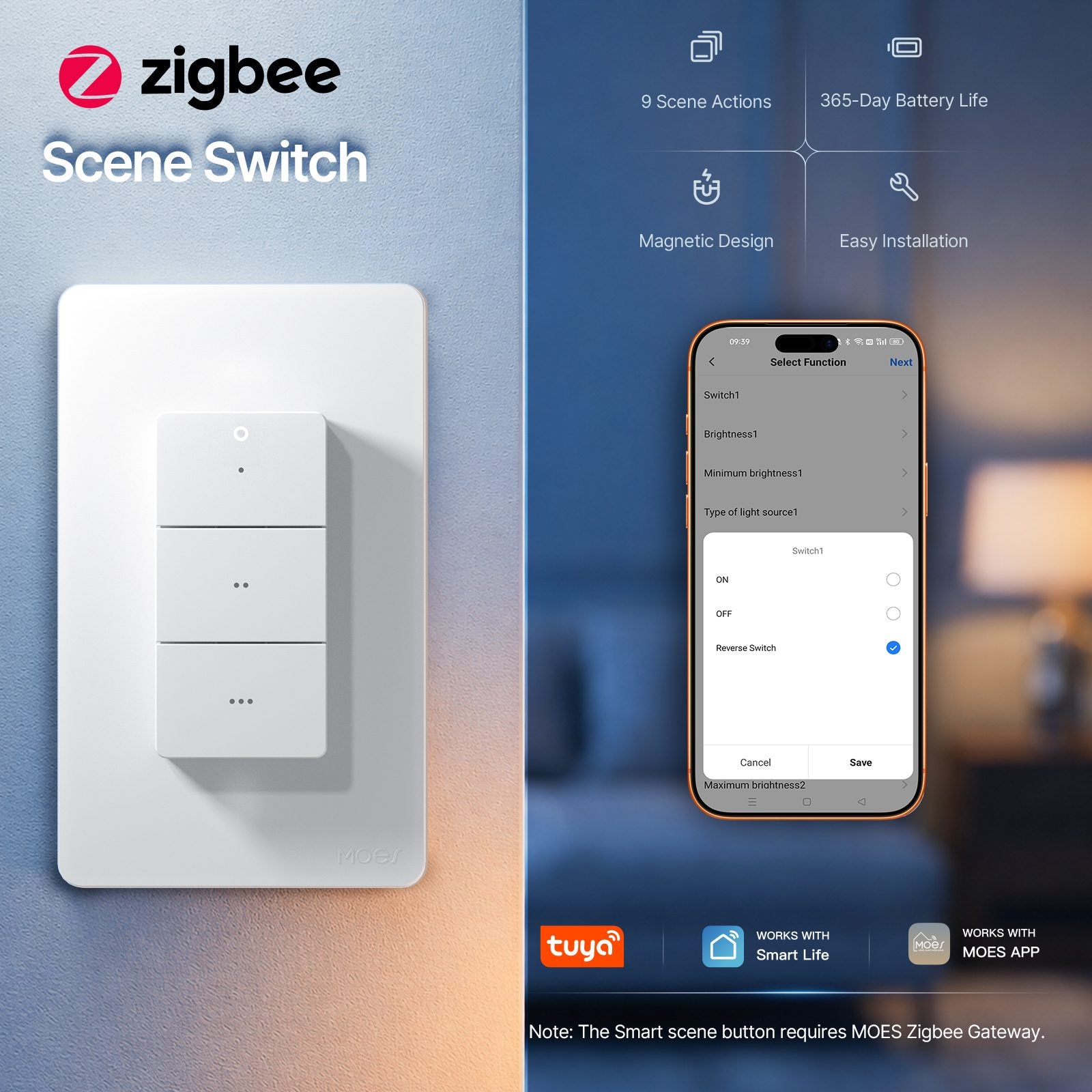 MOES Zigbee Wireless 3-Gang Scene Switch Remote ZT-YK01