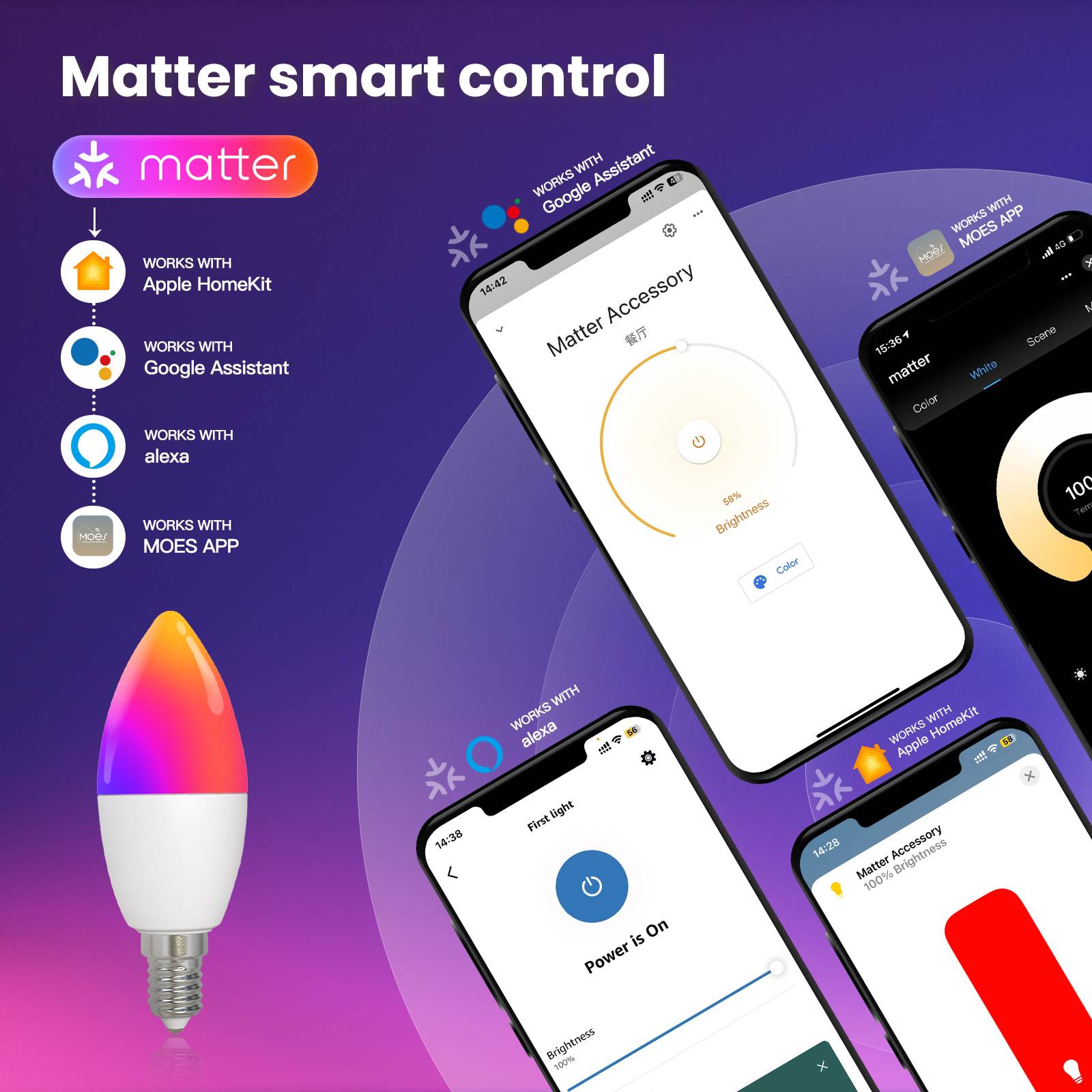 MOES Tuya Matter WiFi Smart LED E14 Dimmable Light Bulb